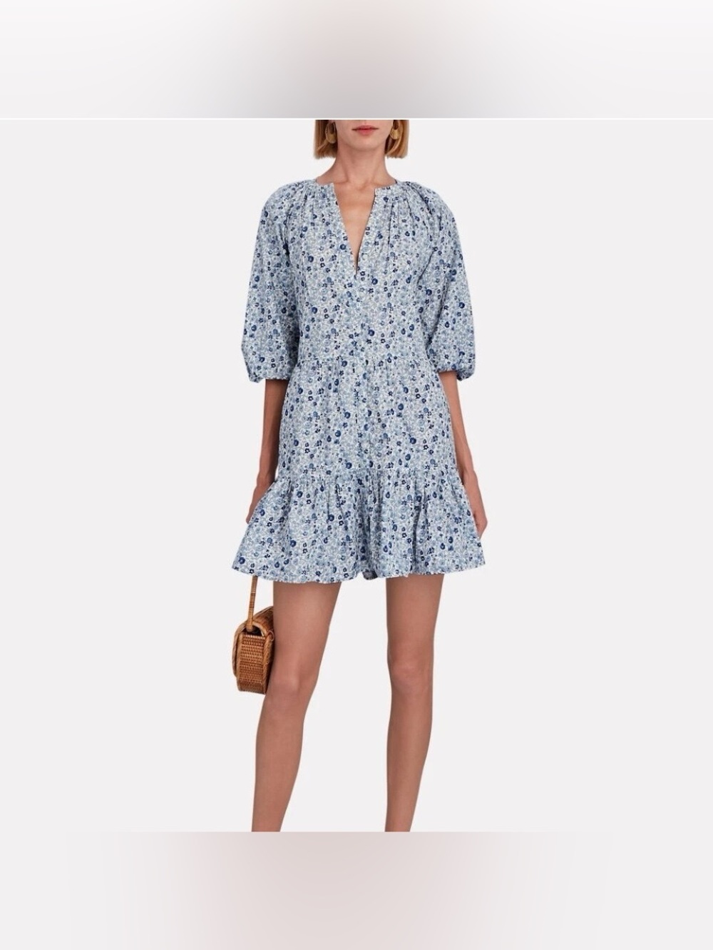 Apiece Apart Blue Mitte Floral Tiered Mini Dress Cotton Puff Sleeve Boho Sz S